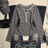 Korean Style Lazy Striped Long-Sleeve Women's T-Shirt with Retro Buttons