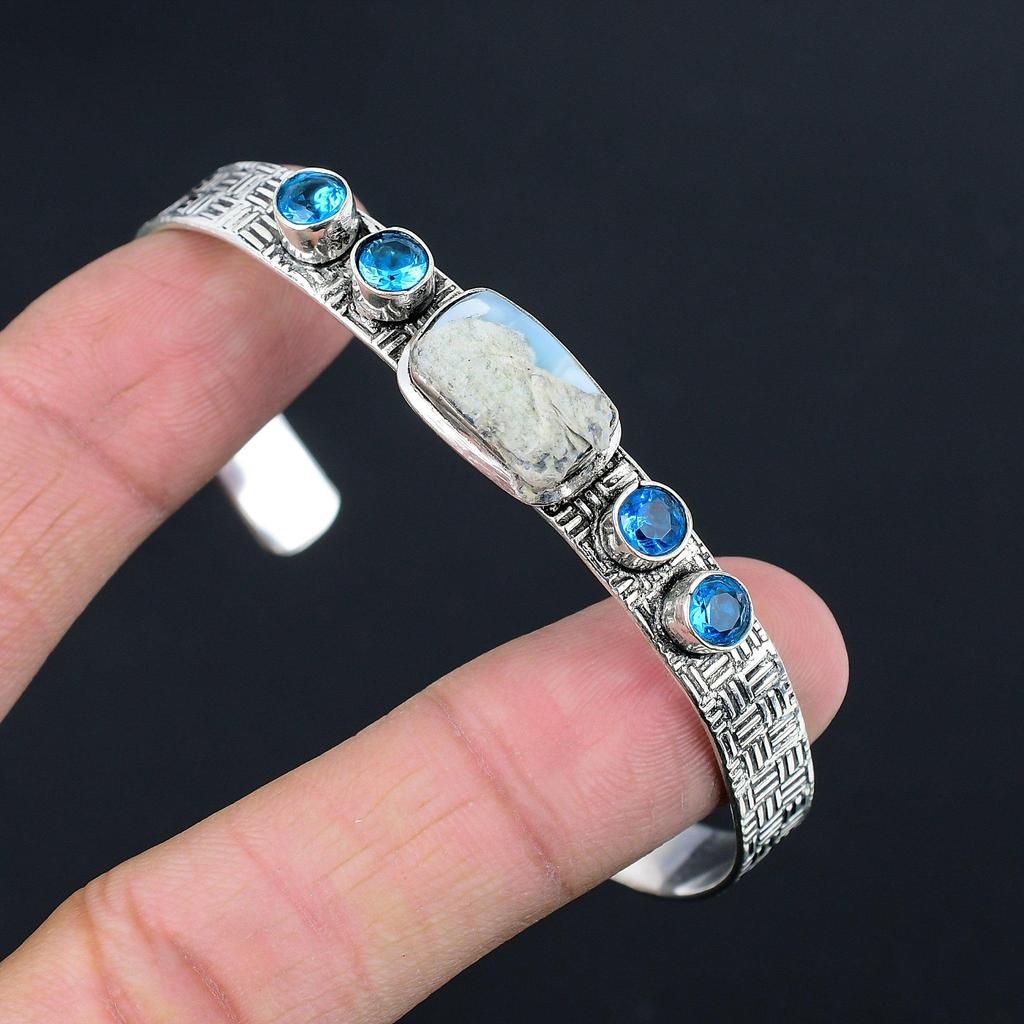 Halloween Deal 925 Sterling Silver Natural Larimar Blue Topaz Daughter Bangle