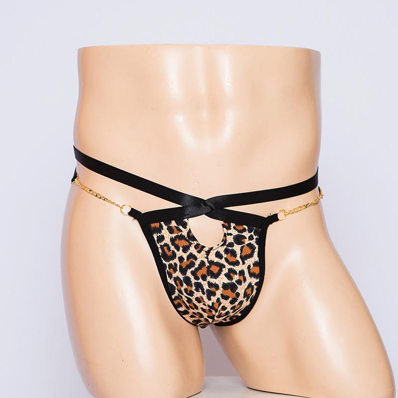 Popular men's sex thong, sexy leopard print suspender panties, perspective mesh men's sex panties