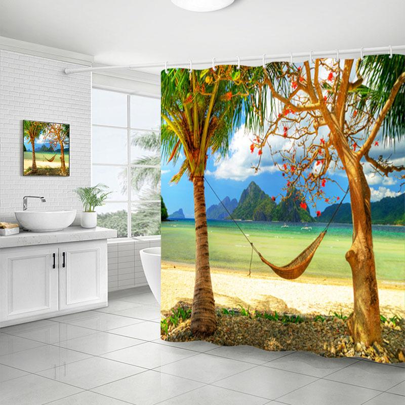Shower Curtain Bathroom Fabric Non-Punching Beach Natural Scenery Digital Printing Shower Curtain With 12 Hooks