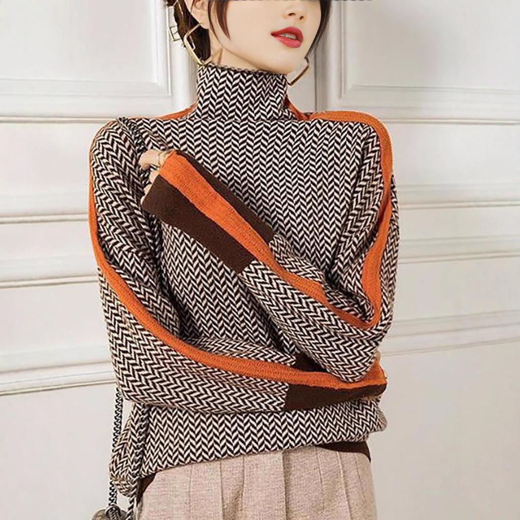 Geometrischer Strickpullover mit Farbblock-Kanten für Damen Herbst