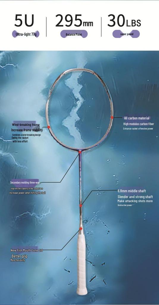 Wind Blade 500 Carbon Fiber Badminton Racket, Speed Offensive 5U, Unisex Professional.
