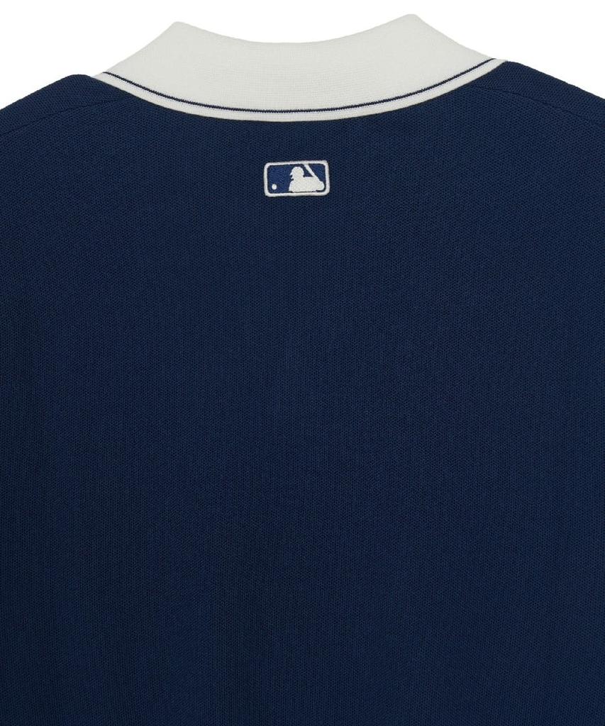 Emelbi Varsity Tuck Texture Open Collar Short Sleeve Knit Bos (D.Navy)