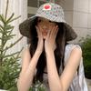 Lace Up Hiking Fisherman Hat Sun Protection Heart Printed Bucket Hat Drawstring Sun Hat  Fishing