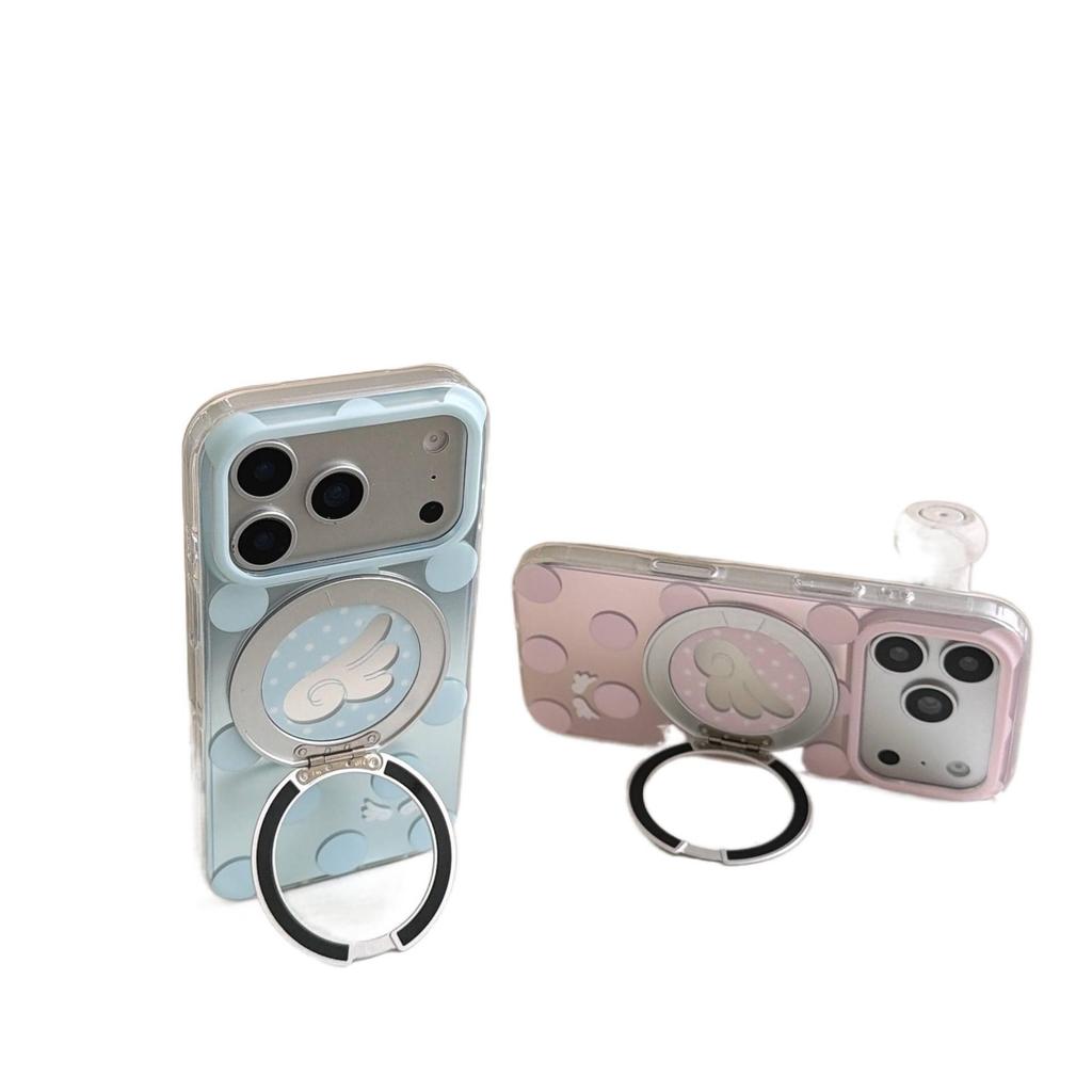 Apple 17 Pro Phone Case with Electroplated Rotating Stand, Fits 16 Pro Max/15 Pro, Polka Dot Korean Style