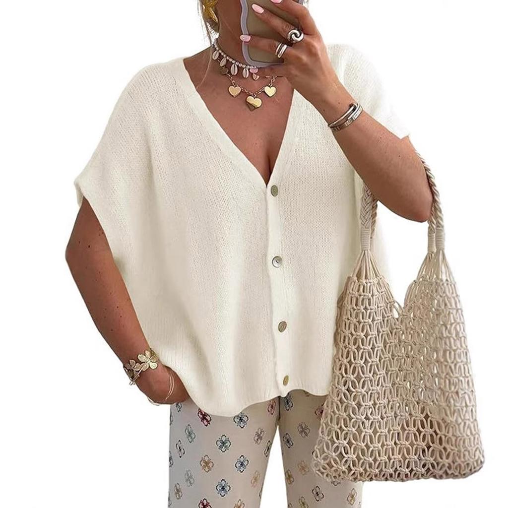 Women's Short-sleeved V-neck Cardigan Loose -sleeved Knitted Vest -Color Button Sweater Top