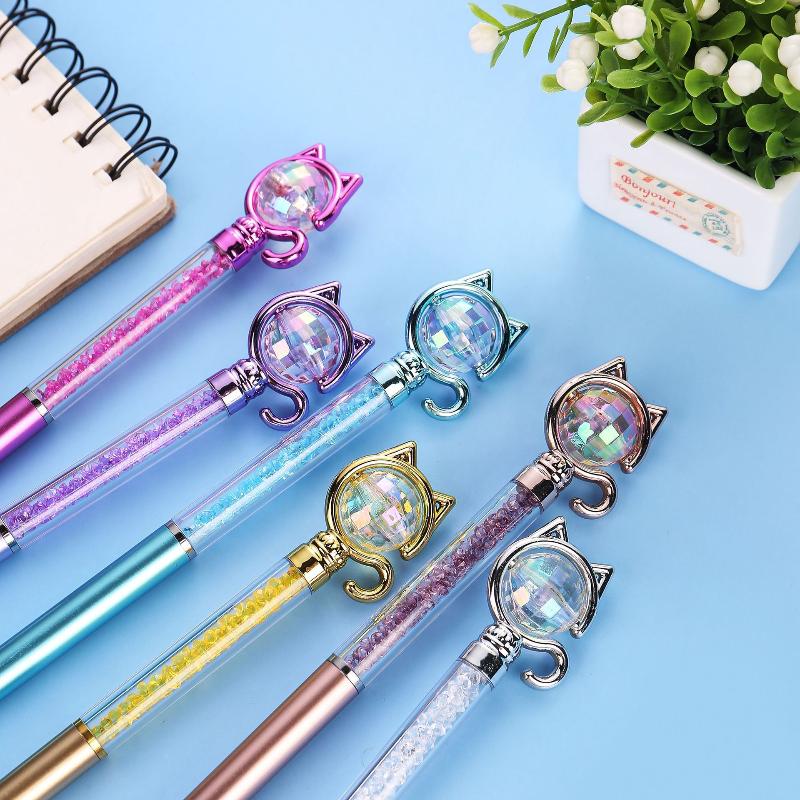 2Pcs Creative Shining Pen Cute Cat Head Ballpoint Pen Creative Cartoon Office Pen for School Stationery