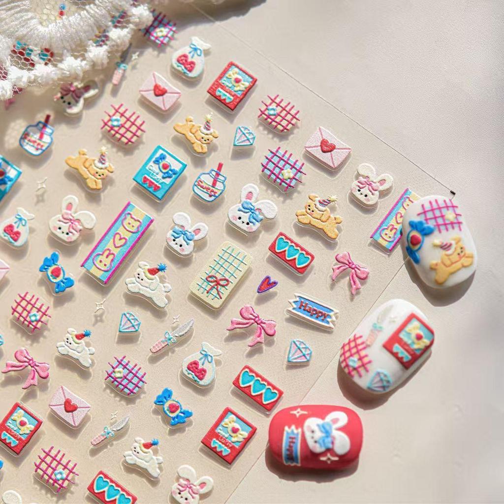 Cute Graffiti Nail Stickers: Embossed Designs with Dogs, Rabbits, and Flowers for DIY Manicures