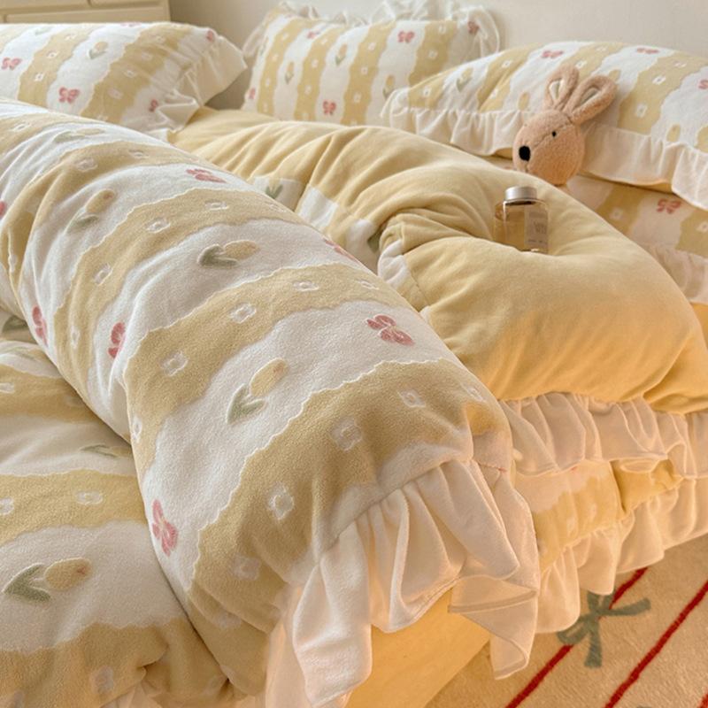 Double-Sided Thickened Milk Coral Fleece Bed Four-Piece Set Flannel Bedding Bed Skirt Fleece Sheet Quilt Cover