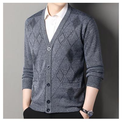 Moda Masculina Casual Casaco Suéter Decote V Versátil Forrado com Lã Tricô Solto Xadrez Cardigã Top Outono Inverno Novo Estilo