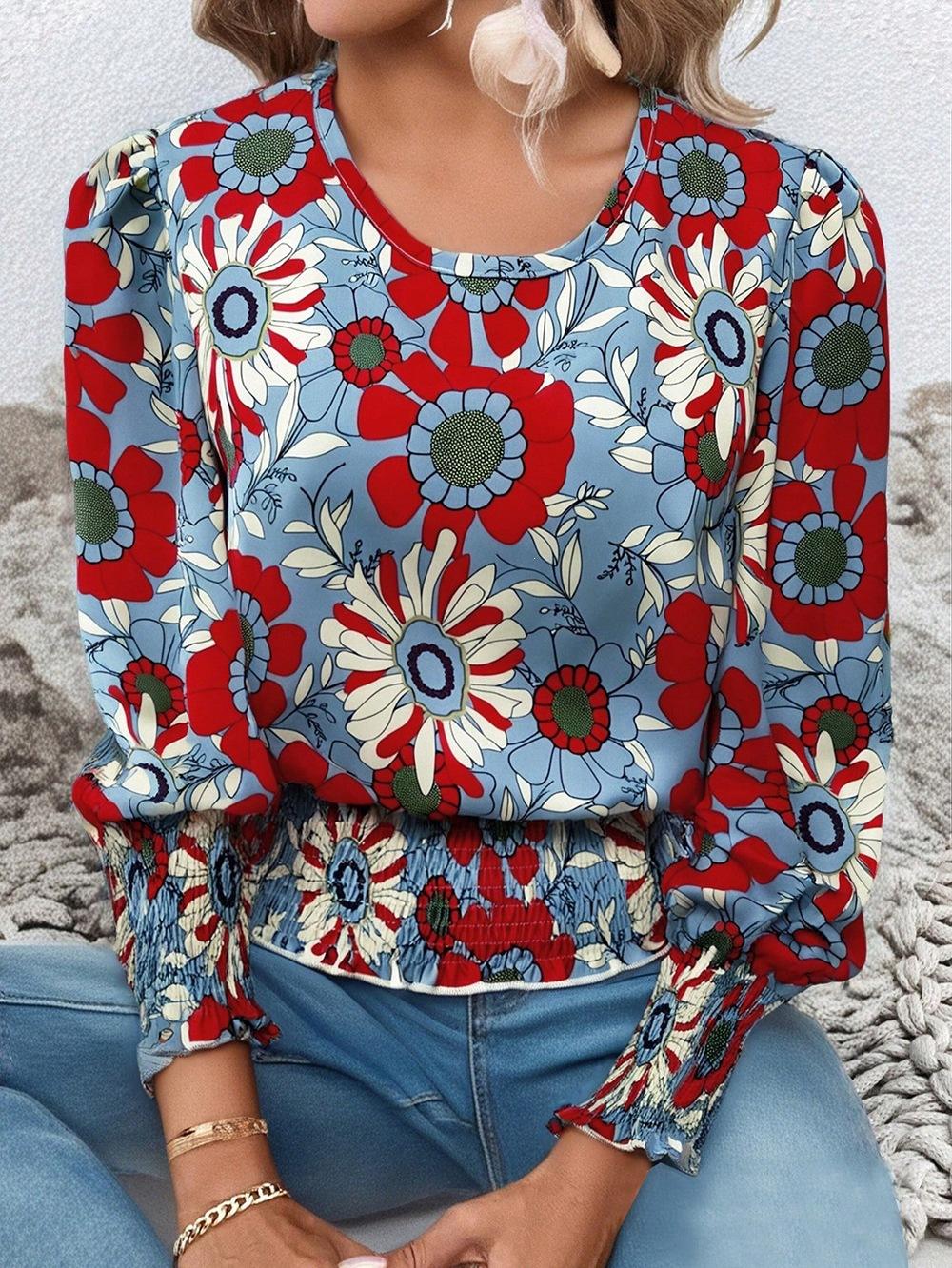 Autumn Europe, America and Express popular spot women plant flower print shirt round neck S синий