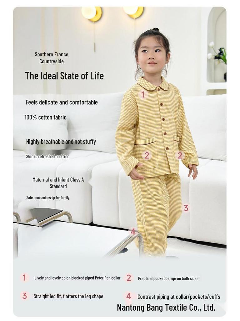 Plaid Trim Pure Cotton Children's Pajama Set - Autumn/Winter