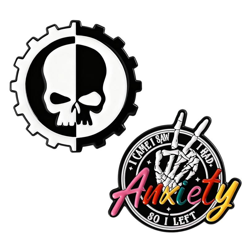 Anxiety Funny Antisocial Enamel Pins Skeleton Hand Skull Brooches Lapel Badges Punk Mental Health Jewelry Gift for Friends