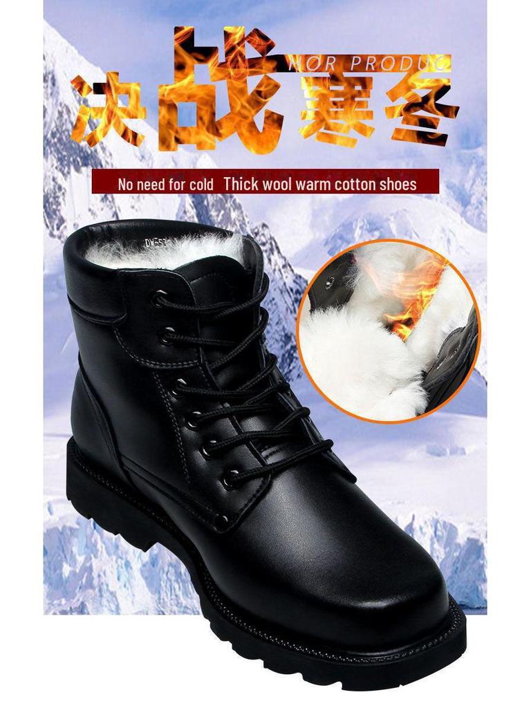 Men's Genuine Leather Snow Boots, Cowhide, Lace-Up Martin Style, Thick Wool for Winter Warmth