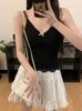 Women's V Neck Spaghetti Strap Cami Top Slim Fit Ballet Style Lace Bow Built-in Bra Cropped Tank Top