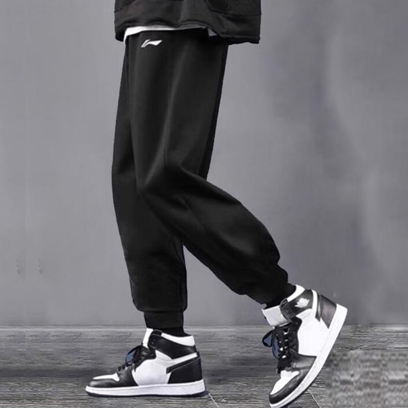 Li-Ning Casual Fleece Lined Warm Cuffed Long Pants Knitted Sports Pants Men bottoms Standard-Black AKLQ989-1