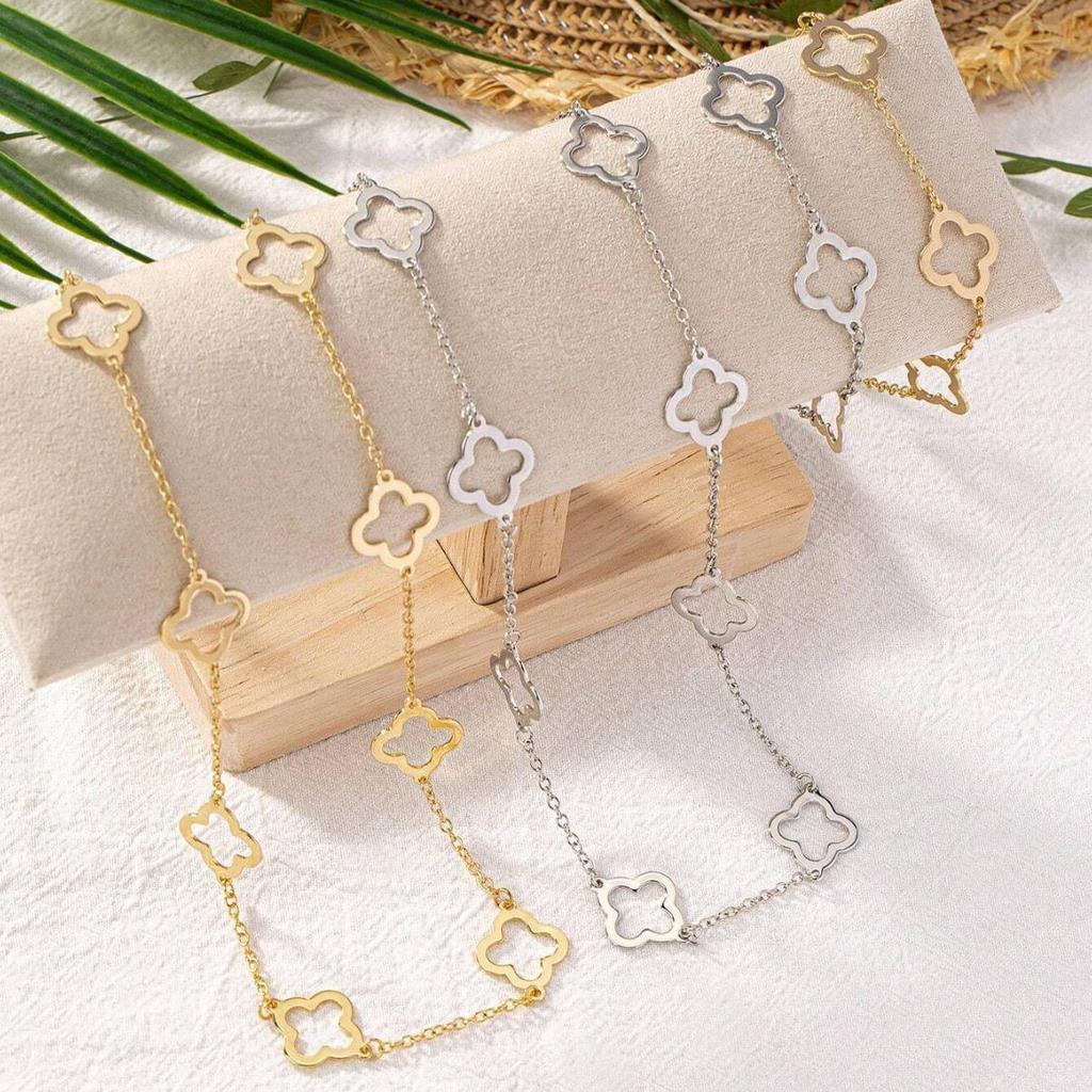 Metallic Four-Leaf Clover Bracelet & Necklace Set for Women