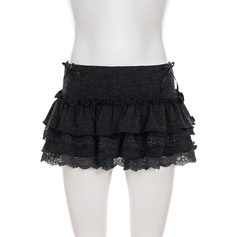 European & American Sweet Style Ruffle Patchwork Low-Waist Knit Skirt
