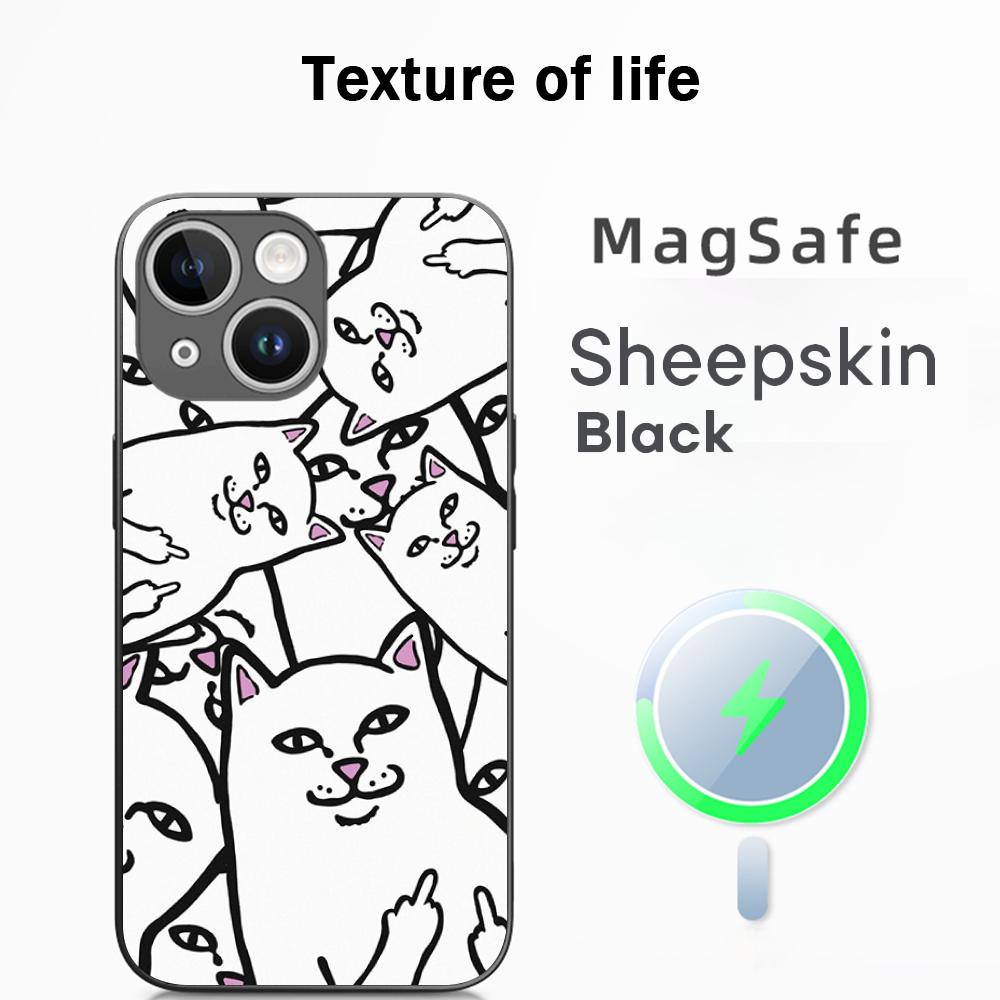 Fashion hip hop middle finger cats ins Phone Case For iPhone 16 15 14 13 12 11 Plus Pro Max  High-end Luxury Magsafe Sheepskin