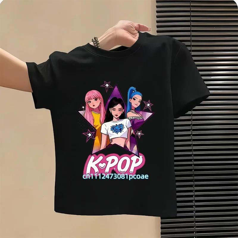 Summer Kpop Popular Cartoon Print Childrens Design Casual Harajuku Style Round Neck Short Sleeved Top Fans Gifts Kids Clothes