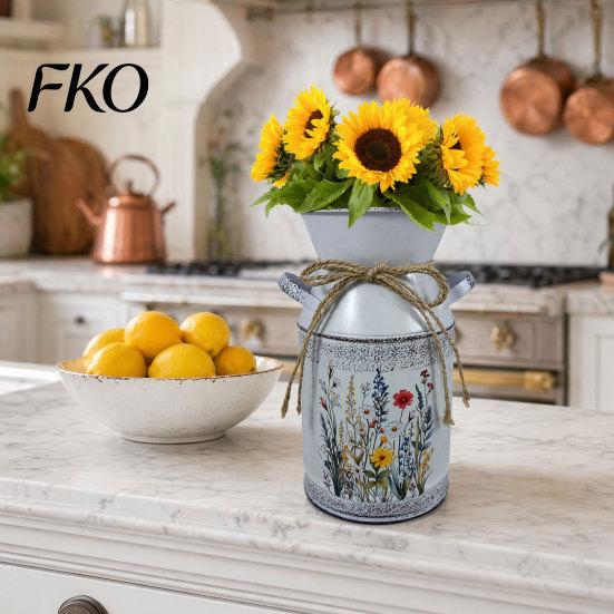 Farmhouse Decor Vase Vintage Iron Flower Bucket, Rustic White Double-Handle Metal with Floral Print & Jute Dried Holder Bow, Tabletop for