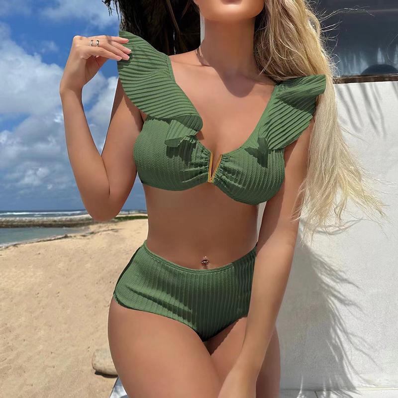 High Waist Bikini Set Women's Solid Color V-Neck Swimwear Ruffled Triangle Top Beach Summer Two Pieces