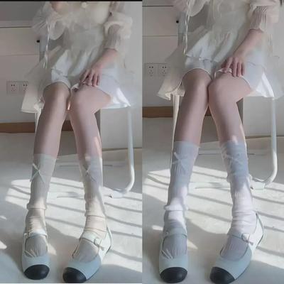 Damen Sommer Ballett-Stil Eisseide Mittelhohe Socken mit Spitze - Milchweiß