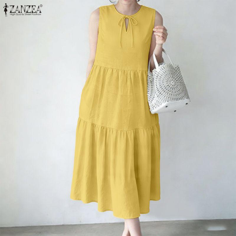 ZANZEA Women Casual Round Neck Loose Sleeveless Dress