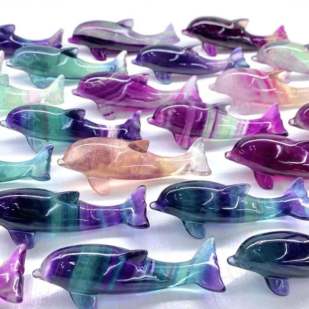Natural rainbow Fluorite Dolphin Ornament Healing Carving Crystal Animal for Home Decoration