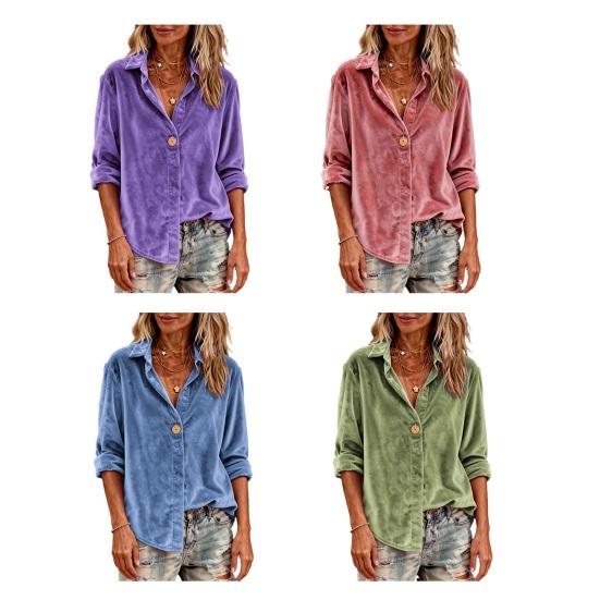 Women Shirt Lapel Long Sleeve Single Breasted Cardigan Shirt Solid Color Loose Fit Velvet Shirt Spring Autumn Daily Wear