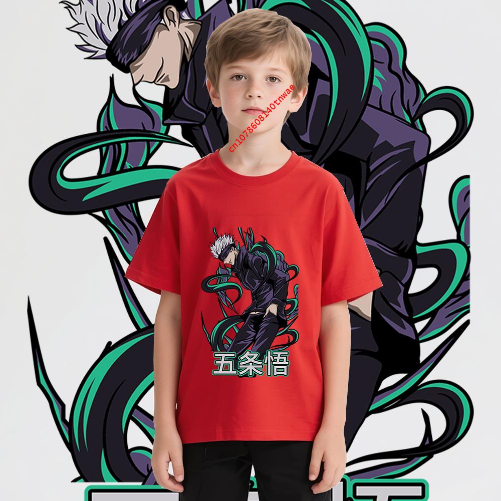 Kids Cotton Anime Tshirt Jujutsu Kaisen Satoru Gojo Print Unisex Tee for Boys Girls 100 to 160cm Soft Comfortable Casual Wear 100
