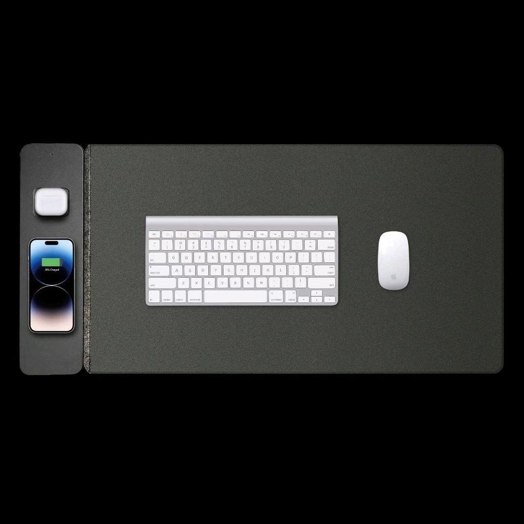 Felt Leather Dual-Sided Anti-Slip Waterproof Desk Mat with Wireless Charging for Phone & Earphones