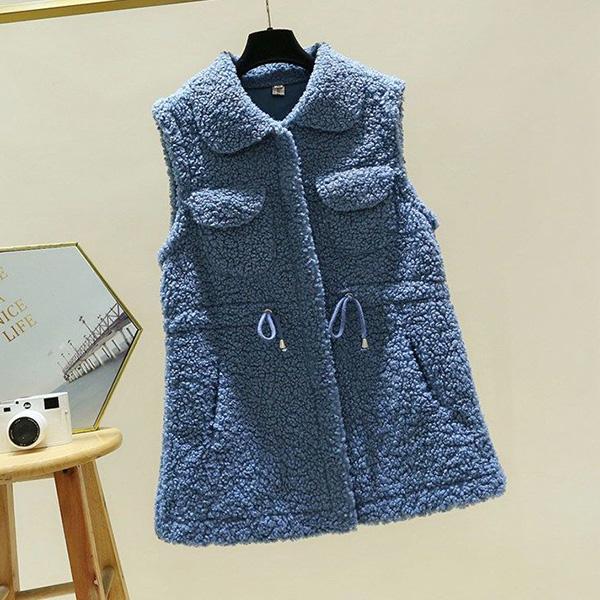 Lamb Wool Waistcoat Jacket Female Autumn and Winter Loose Mid-length Outer Jacket Solid Color Pocket Sleeveless Sweater