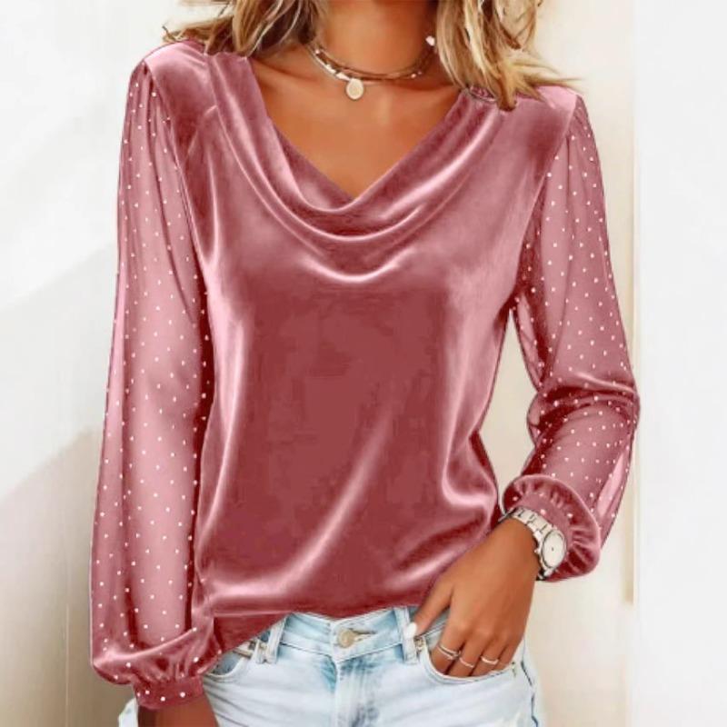 New Women's Solid Color V-neck Mesh Rhinestone Long Sleeves