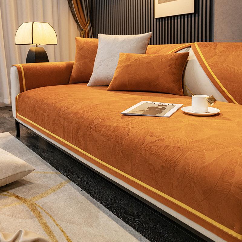 Sofaovertrekk Jacquard Kort Plysj Stue Sofahåndkle Fire Sesonger Sklisikkert Støvtett Møbelbeskyttelsesdeksel Gul Kant