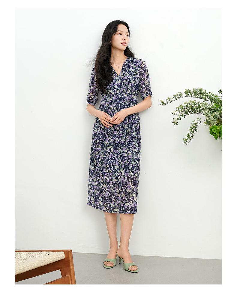 JUZUI Elegant Light Mature Wind Mesh Waist Floral Dress 2025 Summer New Style