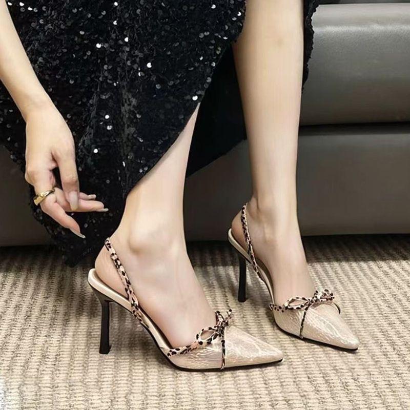 

Французская светская львица тонкий каблук черное кружево туфли на высоком каблуке женские 2025 лето новые бант сексуальный леопардовый принт сандалии с закрытым носком 40 цветной печати леопарда