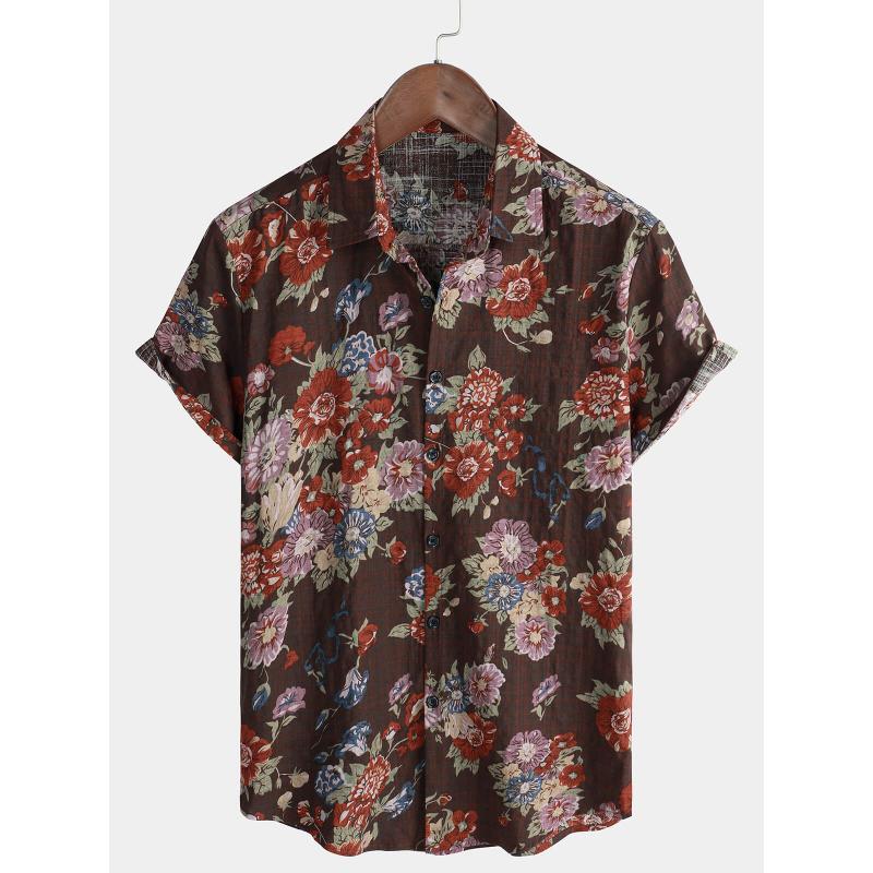 

Мужская повседневная рубашка с коротким рукавом и ретро цветочным принтом, однобортная, с отложным воротником, рубашка с коротким рукавом из полиэстера с 3D-принтом 5XL