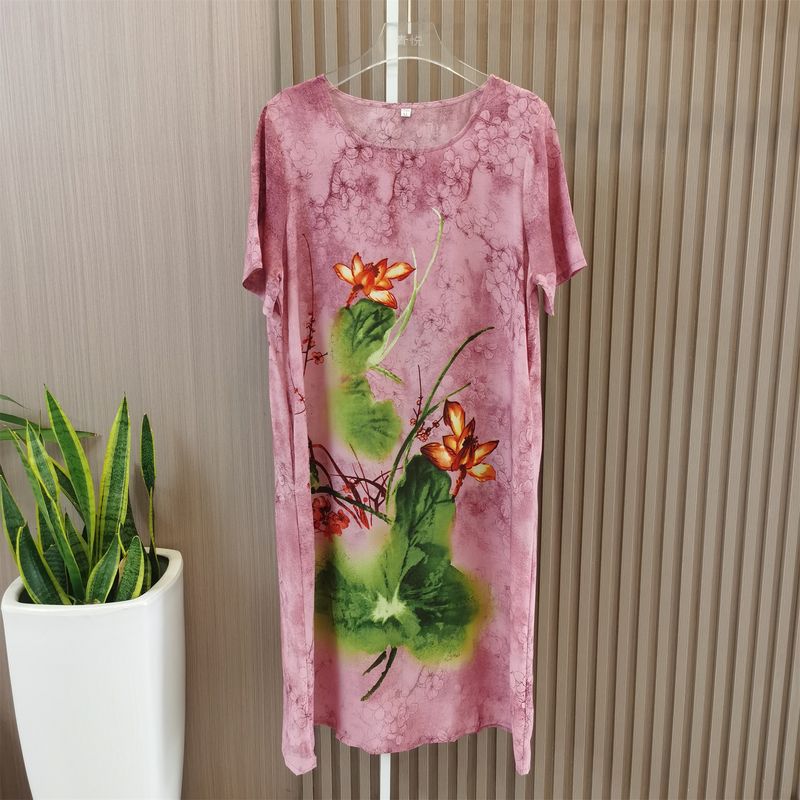 

New Arrival Ladieswear Dress Summer Fashion Western Style Mid-Length Chiffon Skirt Plus Size Print Middle-Aged and Elderly Women s Clothing Pink 3XL