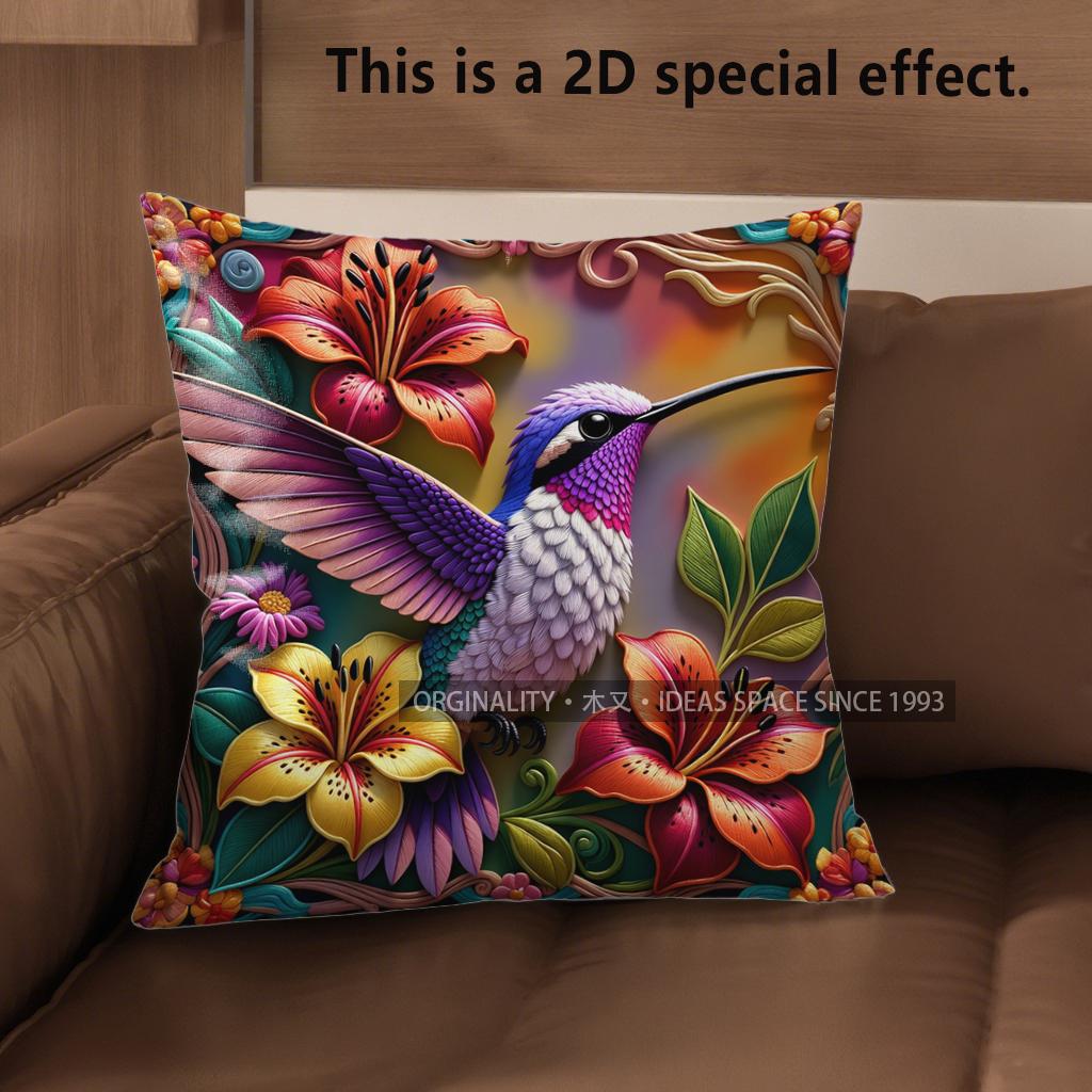 2D Vintage Hummingbird Floral Throw Pillow Covers Pattern Cushion Cover Suitable For Sofa Bedroom Car Pillow Cover