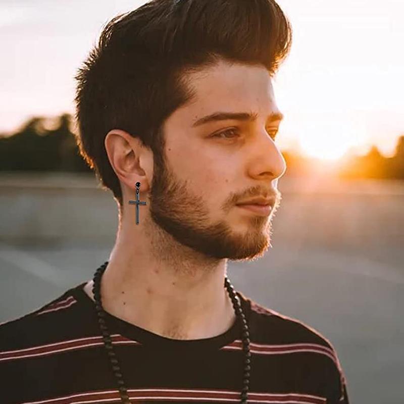 1/16 pairs Black Punk Stainless Steel Women Men Hoop Earrings Small Trendy Round Cross Pendants Jewelry Accessories Earrings3