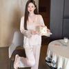 Sexy Pajamas Women's Spring and Autumn 1011 New Satin Hand Grab Flower Long-sleeved Solid Color Suit High-end Internet Celebrity Loungewear