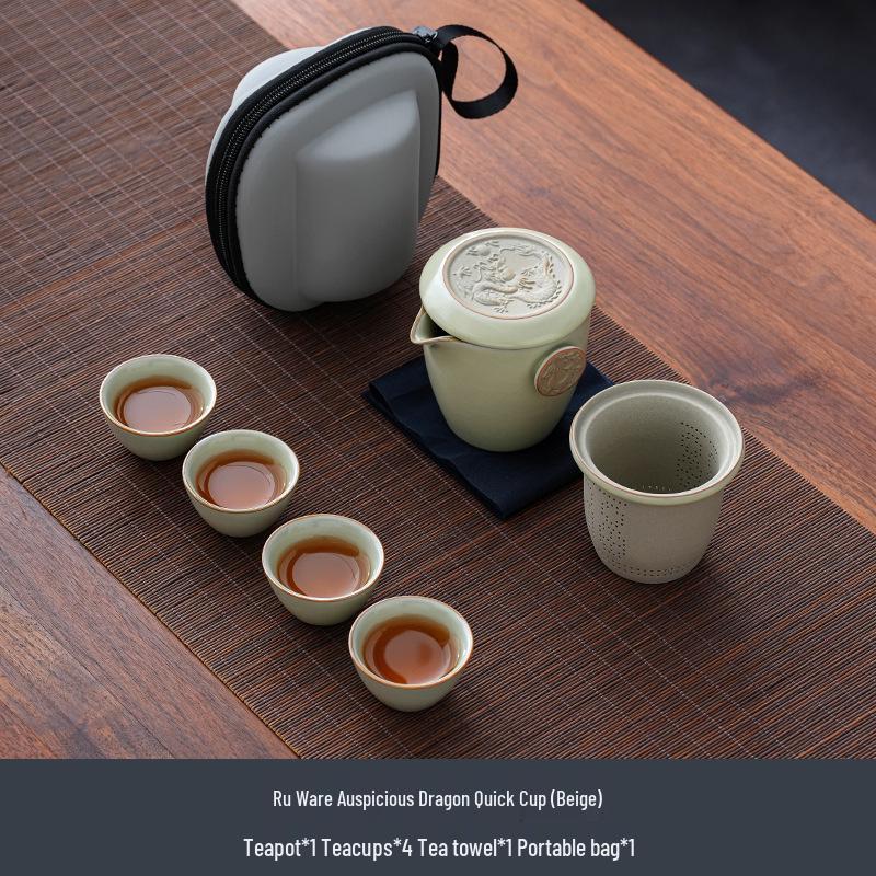 Compact Ru Kiln Travel Tea Set: Portable Quick-Brew Teapot & Teacups for One