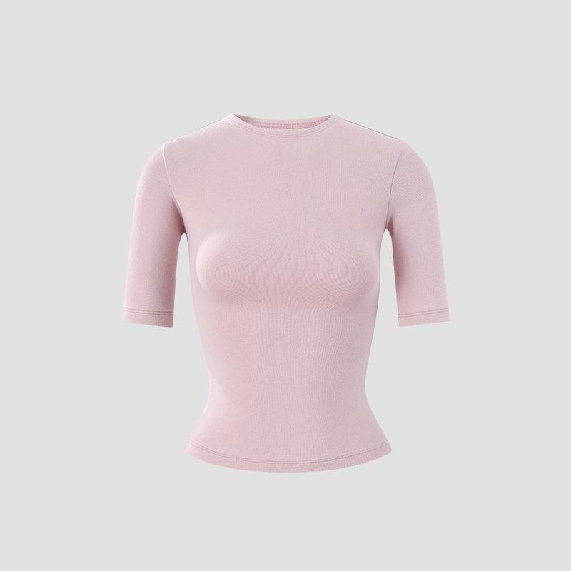 

Spring and summer new waist and thin five-quarter-sleeved shoulder T-shirt slim-fit solid-color round neck short-sleeved multi-color top women S（ 40-47.5kg ） розовый