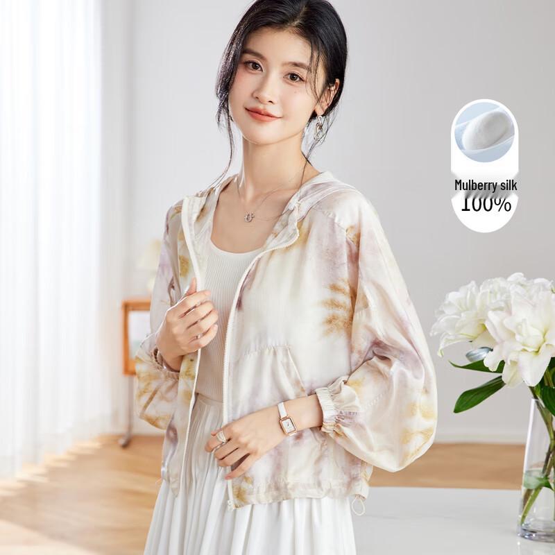 

Jinjuan Women s 100% Mulberry Silk Printed Hooded Zip Jacket XL