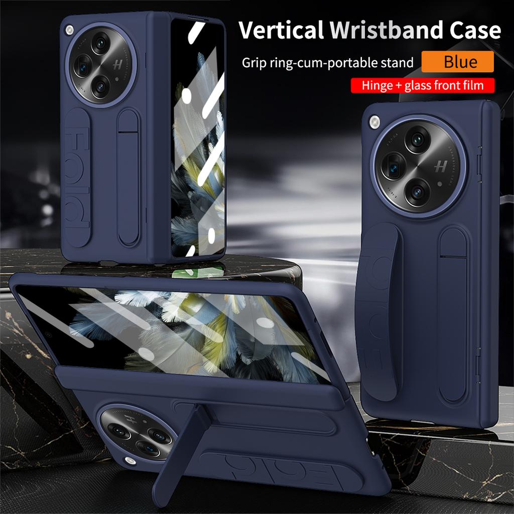 Luxury Business Fold Silicone Case for OPPO Find N3 Skin Feel with Wrist Strap and Stand and Glass Front Film Anti Drop Shockproof Protect Cover