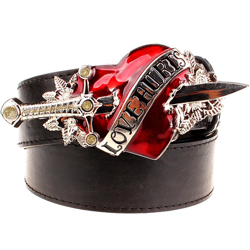 Cool Fashion Leather Belt Red Heart Arrow Love Hurts Design Punk Rock Waistband Women Men Decorative belts Jeans Hip Hop Girdle 105CM