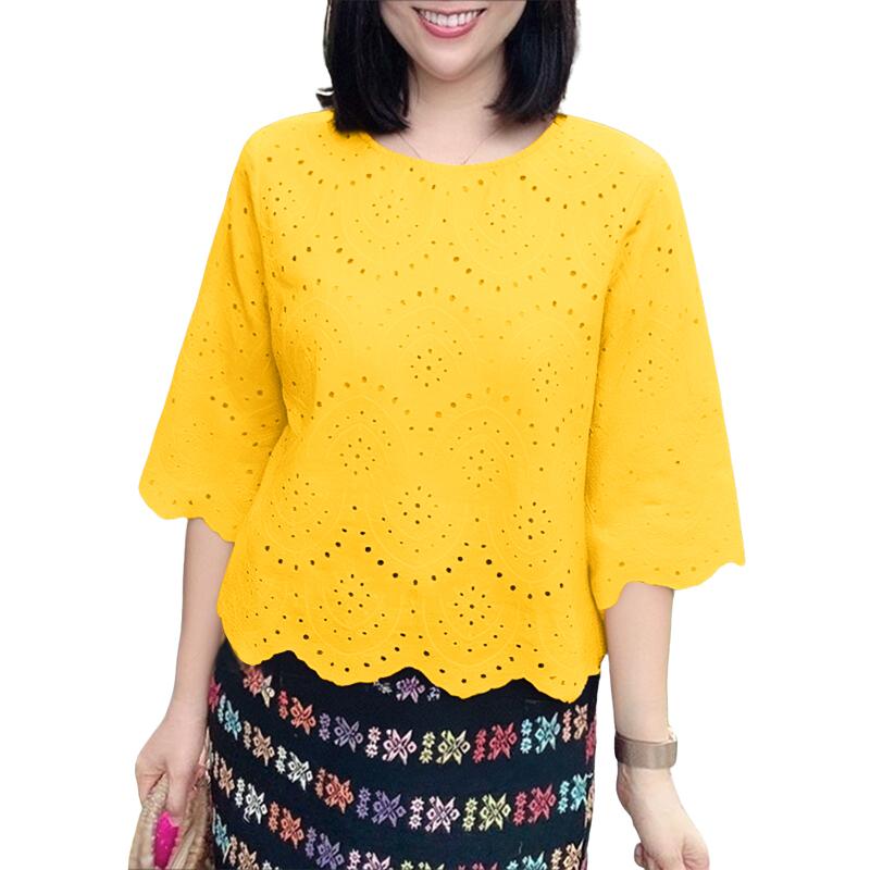 

ZANZEA Женская повседневная блузка с круглым вырезом, рукавами 3/4, свободного кроя, пэчворк, вязаная крючком 5XL жёлтый