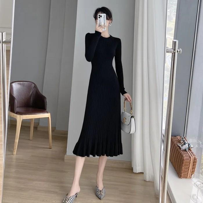

Fishtail Knit Wool Dress: Slimming Mid-Length for Spring, Autumn & Winter One Size чорний