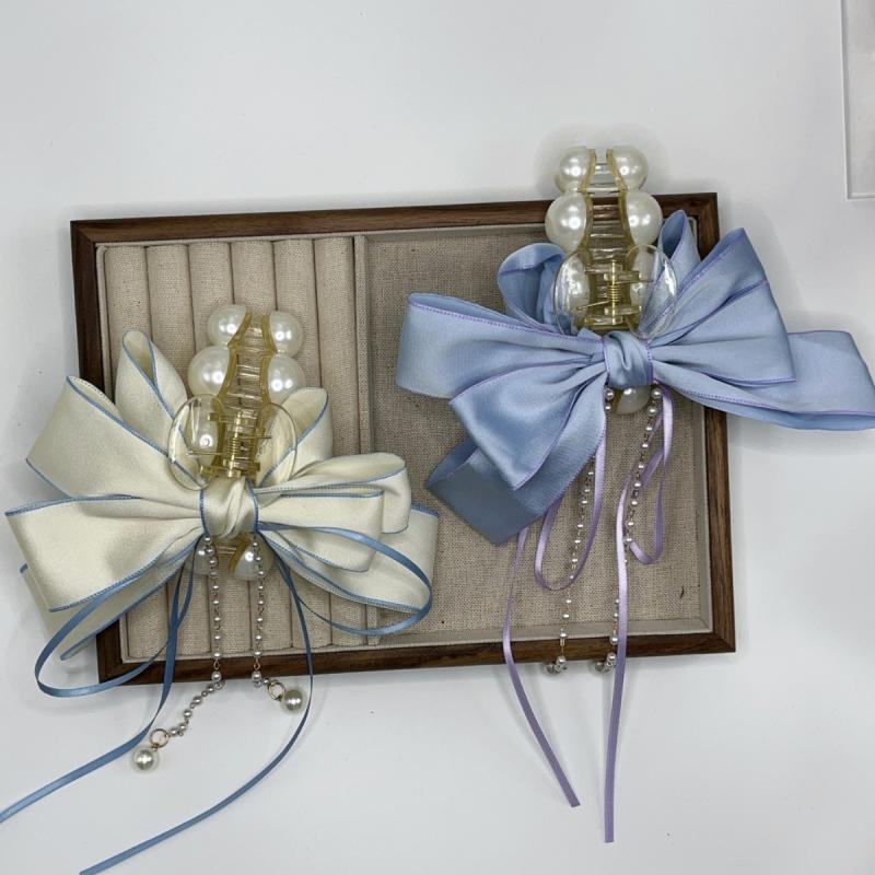 Fashion French Pearl Bow Long Tassel Hair Claws Women Back Head Hair Clip Headwear Hair Accessories Gifts